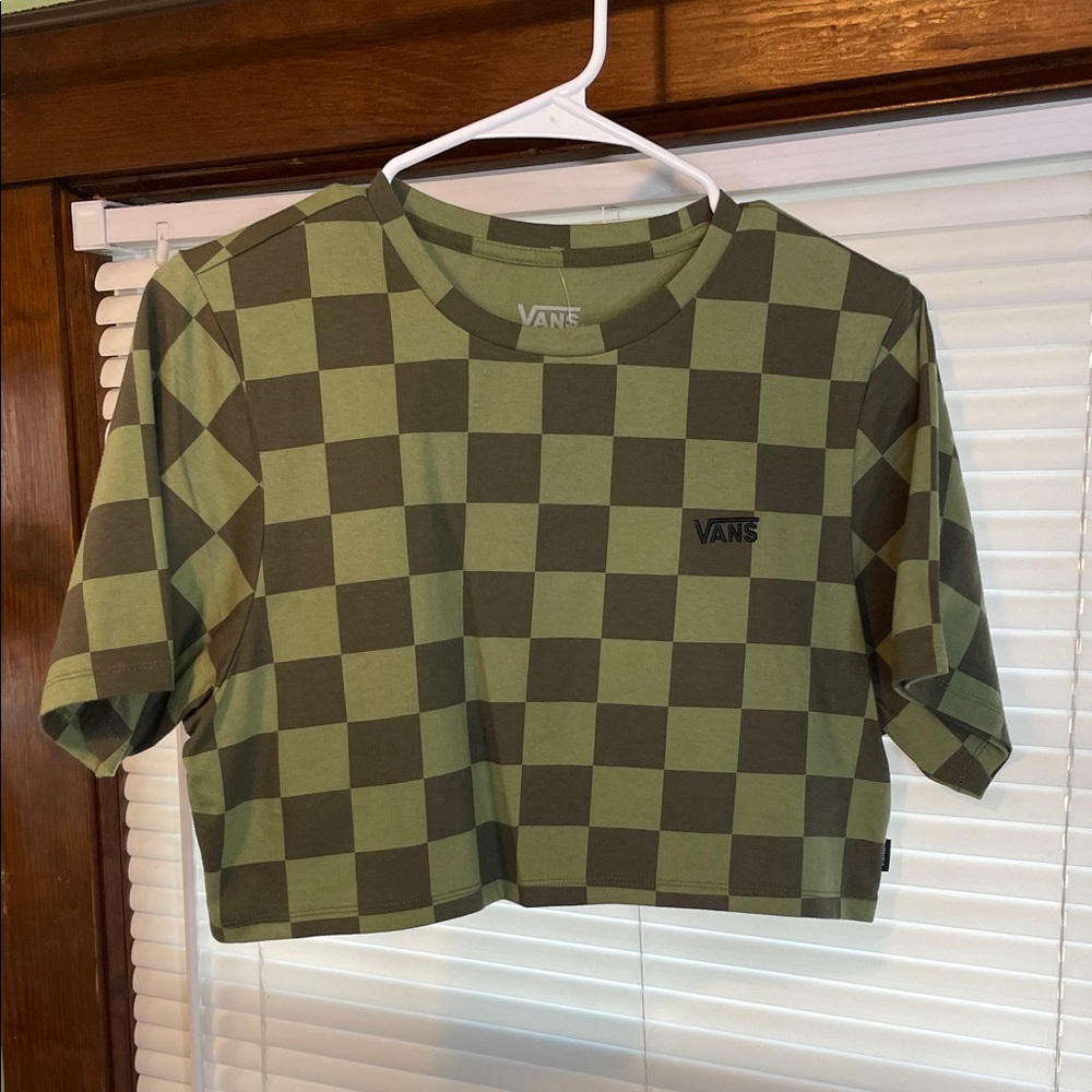 Vans Olive and Dark Green Checkered Cropped Tee